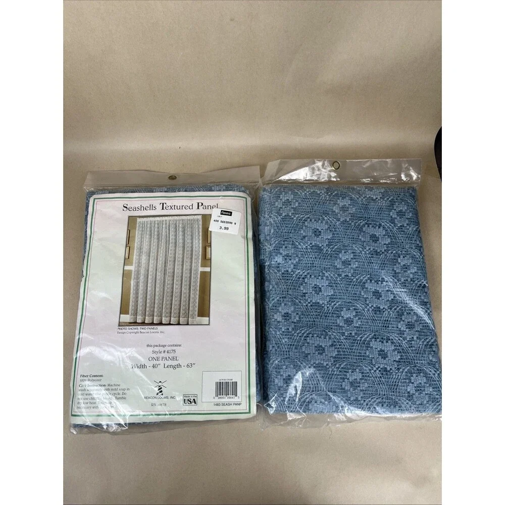 2 VTG Ames NOS Beacon Looms Blue Seashells‎ Textured Curtain Panel W40xL63” USA